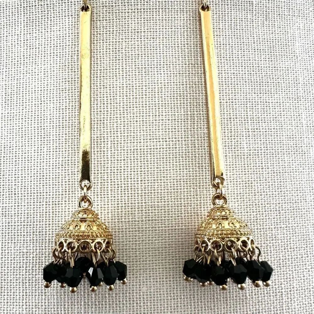 Gold tone black dangling bead Indian earrings